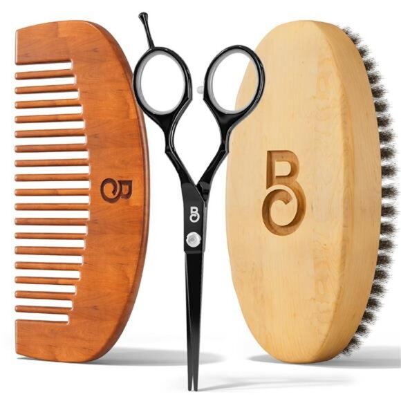 Beard Brush, Beard Comb and Scissors - Beard Kit for Men Grooming